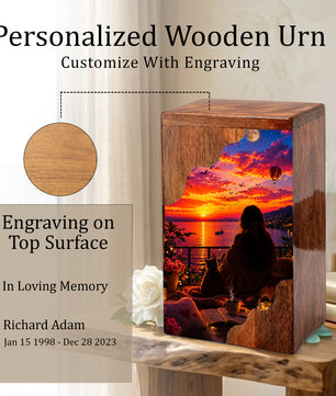 Sunset Balcony Wooden Cremation Urn – Peaceful Evening Memorial Urn with Ocean View Artwork