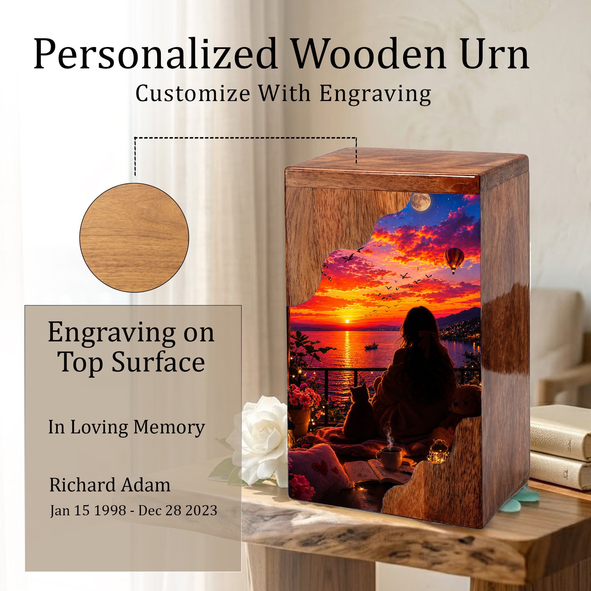 Sunset Balcony Wooden Cremation Urn – Peaceful Evening Memorial Urn with Ocean View Artwork