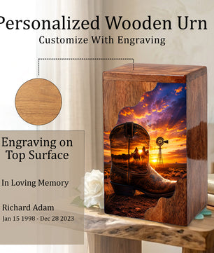 Cowboy Boot Wooden Cremation Urn – Wooden Urn for Human Ashes