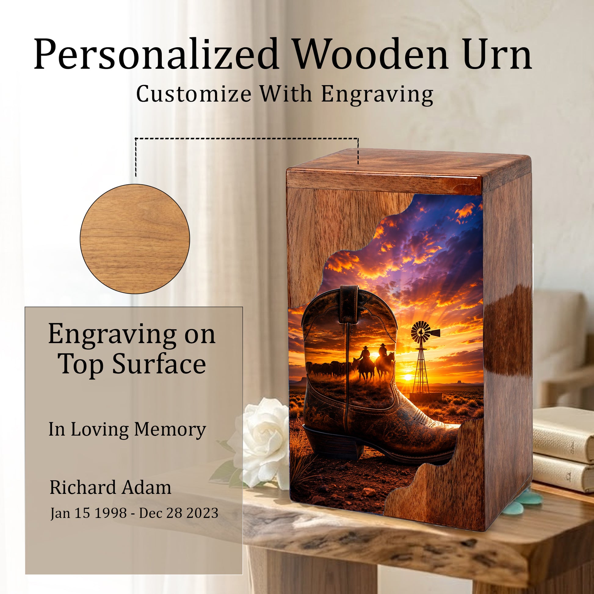 Cowboy Boot Wooden Cremation Urn – Wooden Urn for Human Ashes