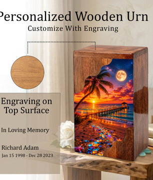 Beach Sunset Wooden Cremation Urn – Tropical Ocean Memorial Urn with Moonlit Shore