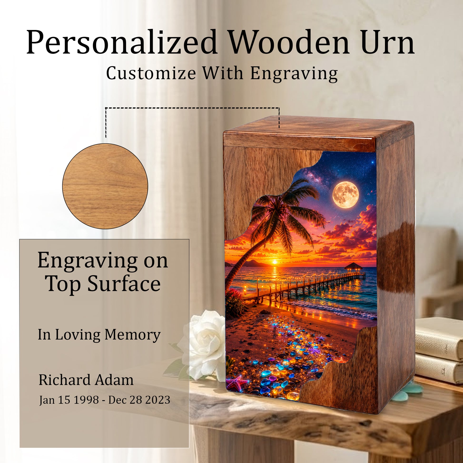 Beach Sunset Wooden Cremation Urn – Tropical Ocean Memorial Urn with Moonlit Shore