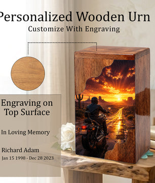 Motorcycle Wooden Cremation Urn – Sunset Ride Memorial Urn for Human Ashes