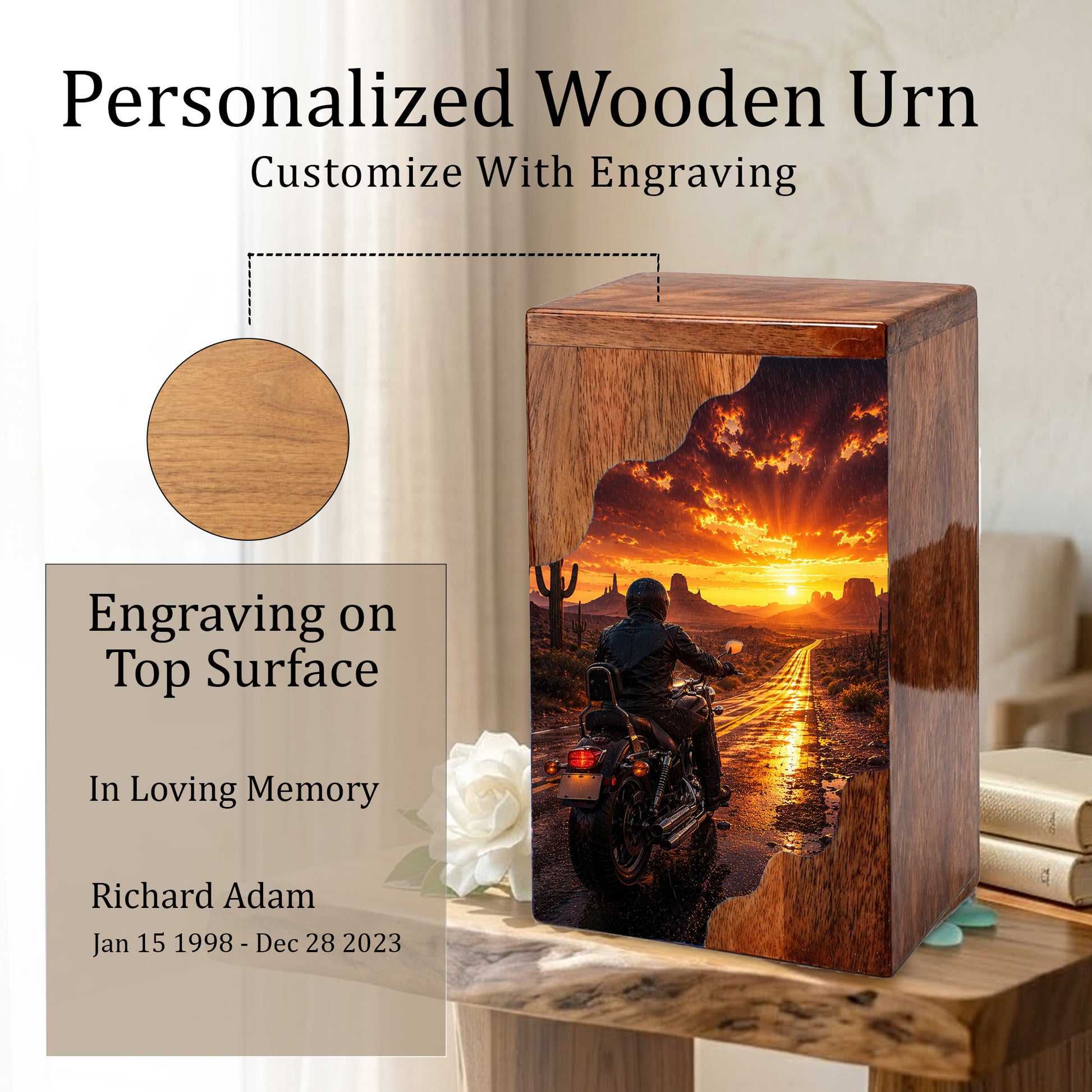 Motorcycle Wooden Cremation Urn – Sunset Ride Memorial Urn for Human Ashes