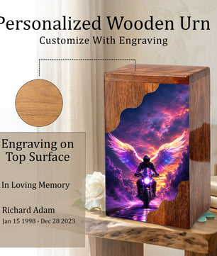 Motorcycle Angel Wings Wooden Cremation Urn – Ride Free Memorial Urn for Human Ashes