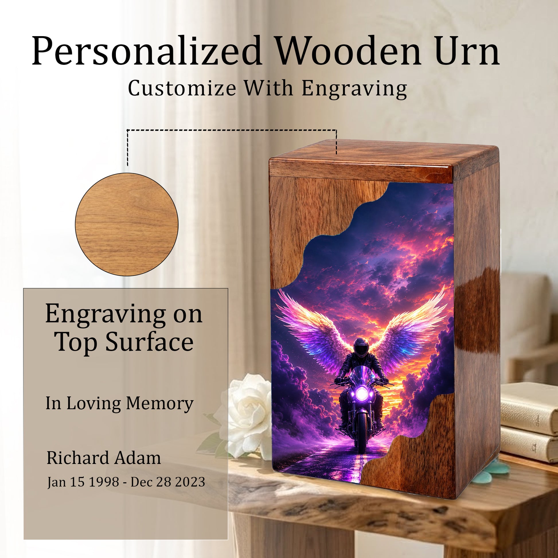 Motorcycle Angel Wings Wooden Cremation Urn – Ride Free Memorial Urn for Human Ashes
