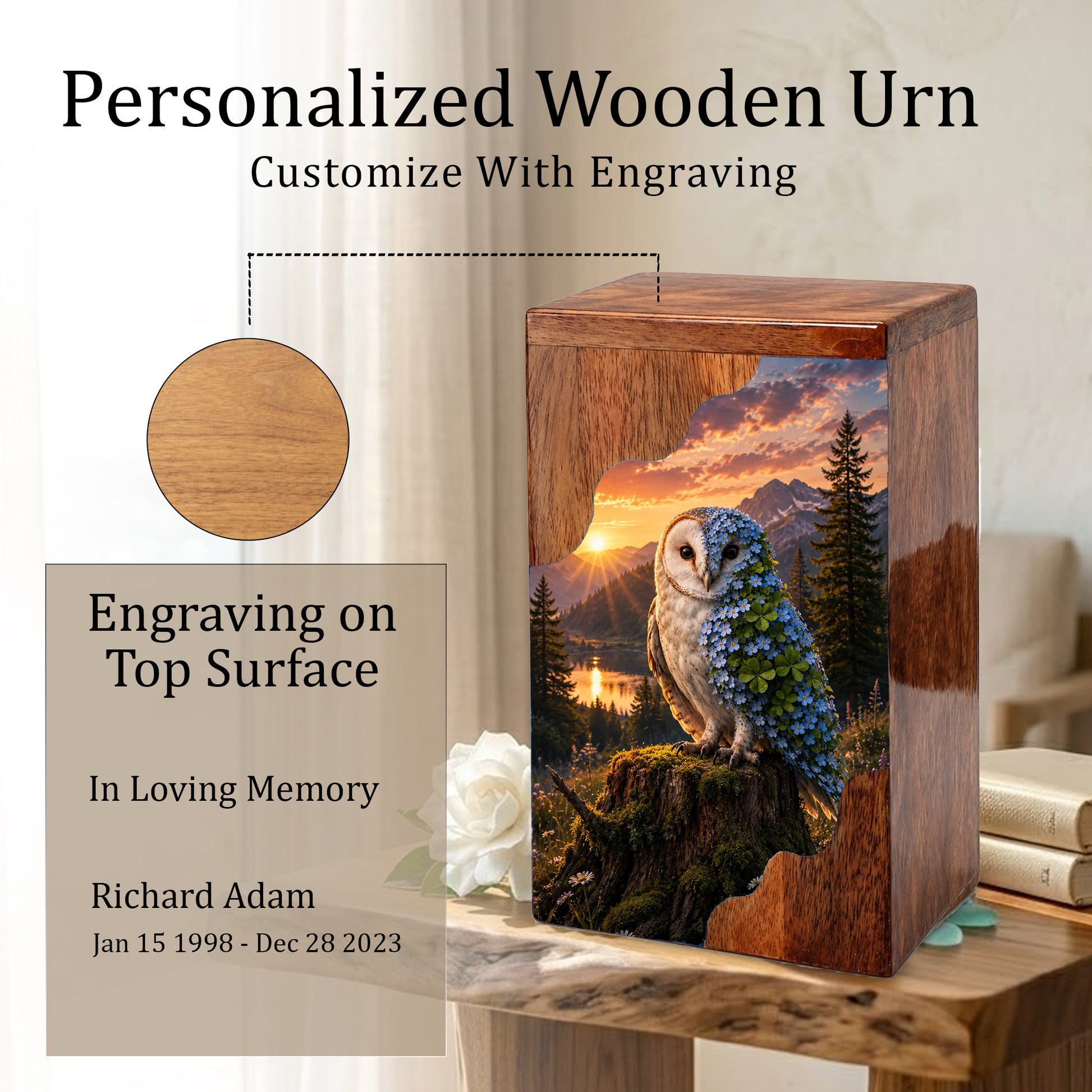 Owl Wooden Cremation Urn – Wooden Urn for Human Ashes
