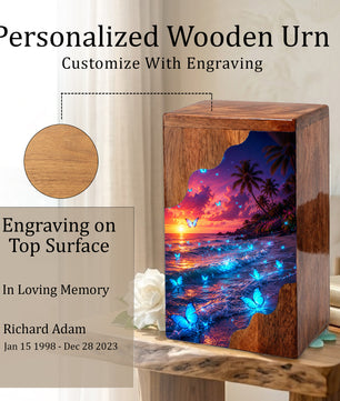 Butterfly Beach Wooden Cremation Urn – Sunset Ocean Memorial Urn for Mom