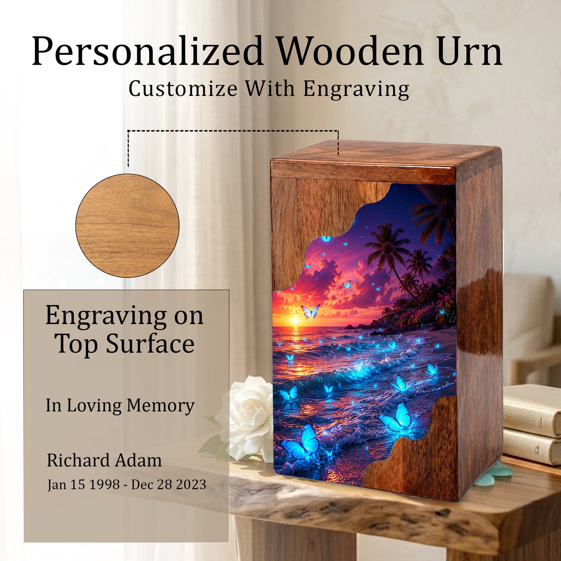 Butterfly Beach Wooden Cremation Urn – Sunset Ocean Memorial Urn for Mom