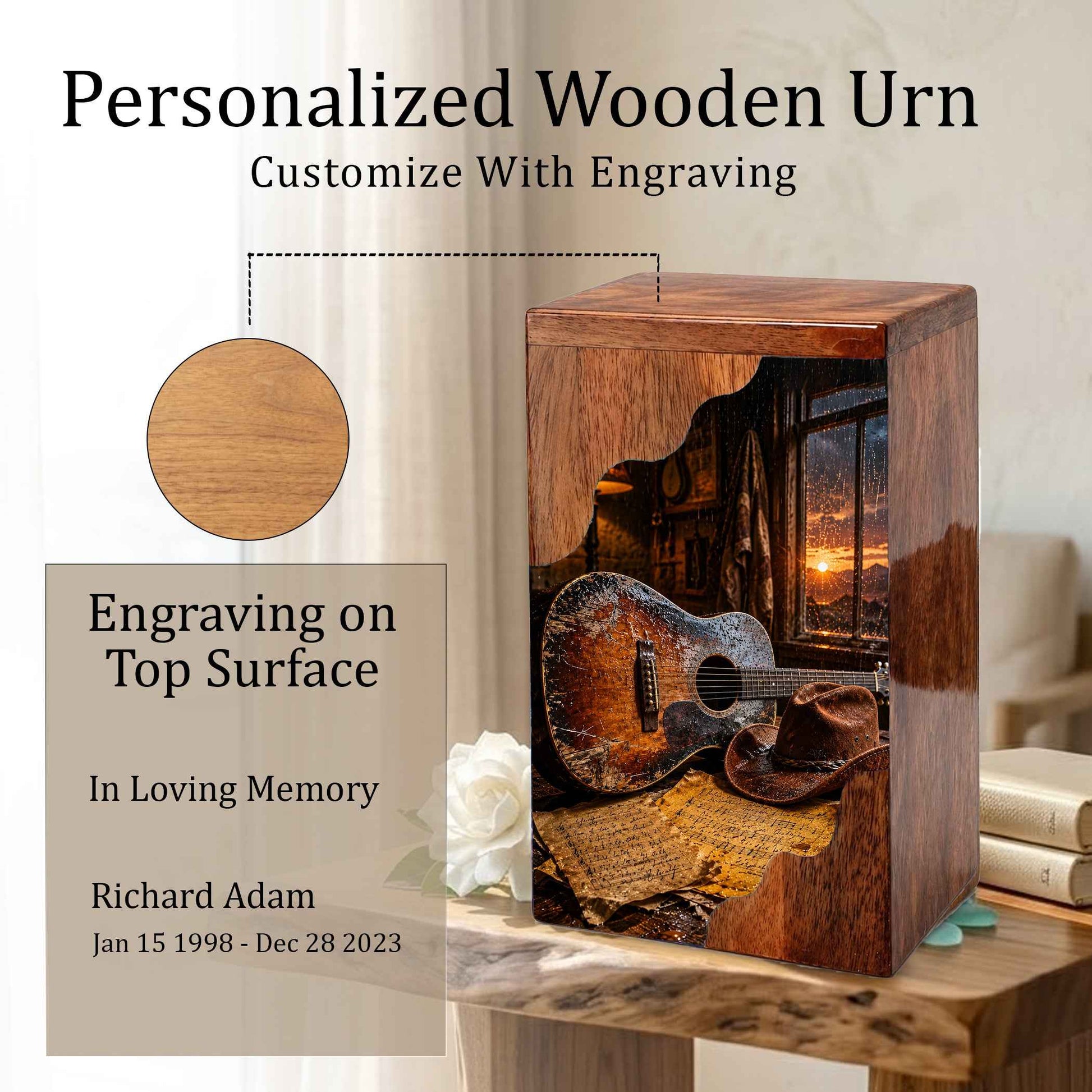 Country Music Wooden Cremation Urn | Personalized Guitar Urn for Dad or Mom