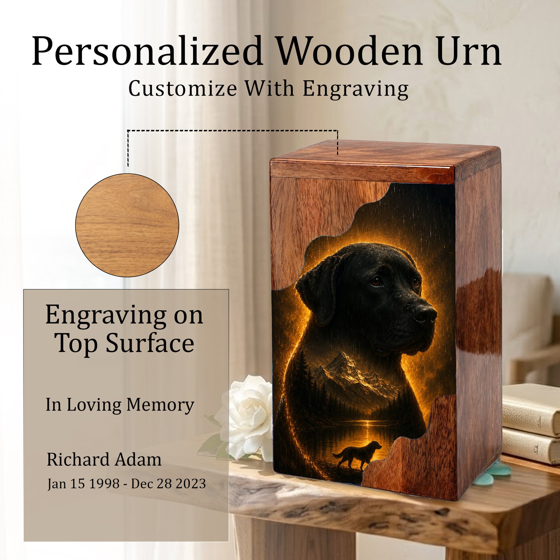 Black Labrador Wooden Cremation Urn for Human Ashes | Personalized Dog Memorial Urn