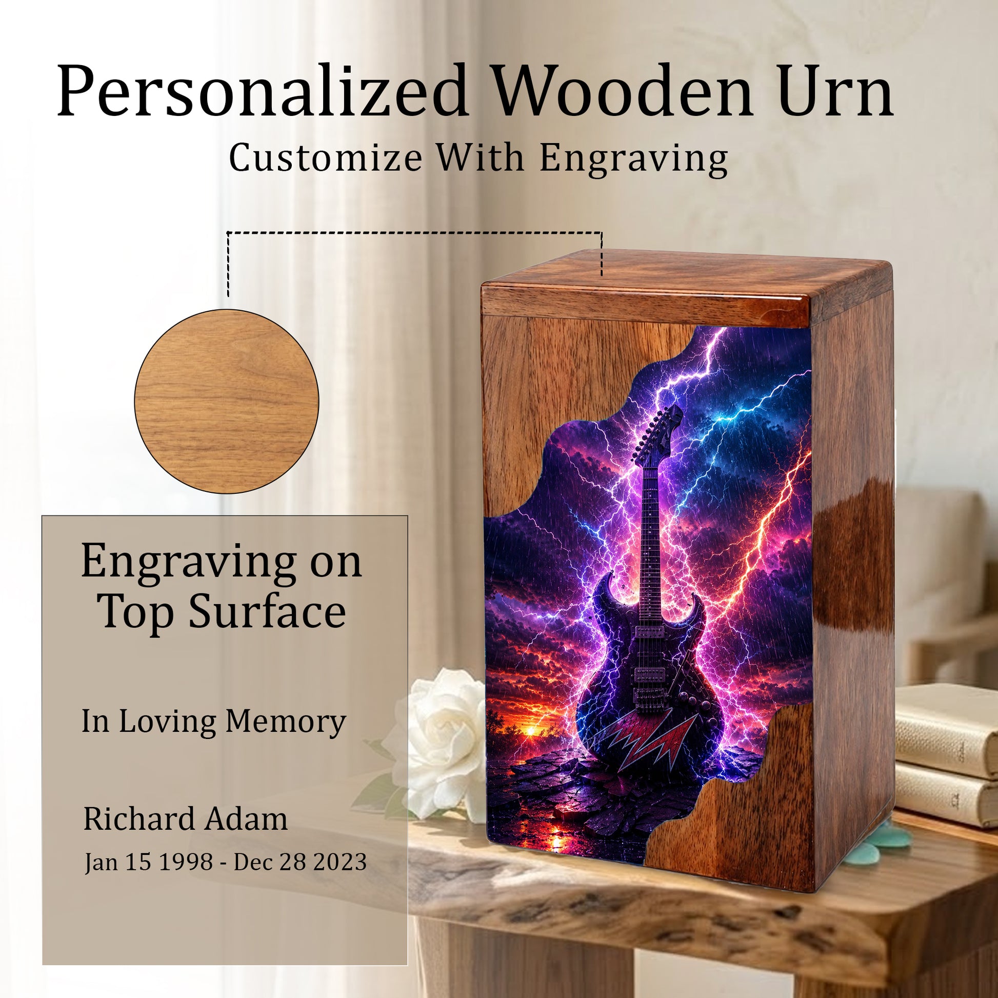 Guitar Wooden Cremation Urn for Human Ashes | Personalized Music Memorial Urn