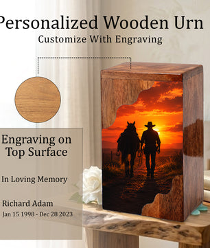Cowboy Wooden Cremation Urn – Sunset Horse Memorial Urn for Human Ashes | Rustic Tribute Urn for Dad