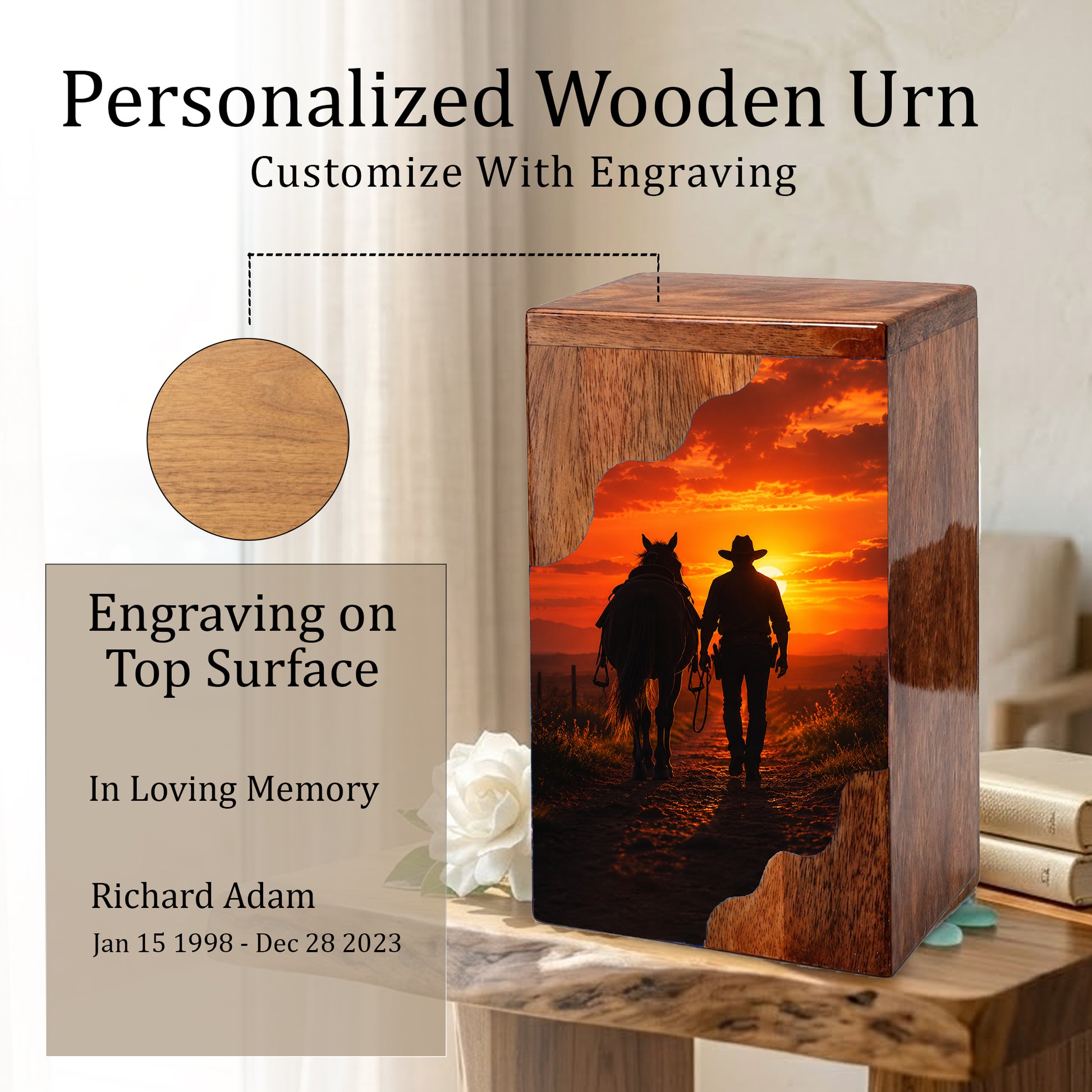 Cowboy Wooden Cremation Urn – Sunset Horse Memorial Urn for Human Ashes | Rustic Tribute Urn for Dad