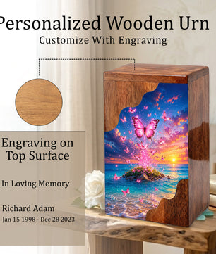 Pink Butterfly Ocean Wooden Cremation Urn – Sunset Memorial Urn for Mom