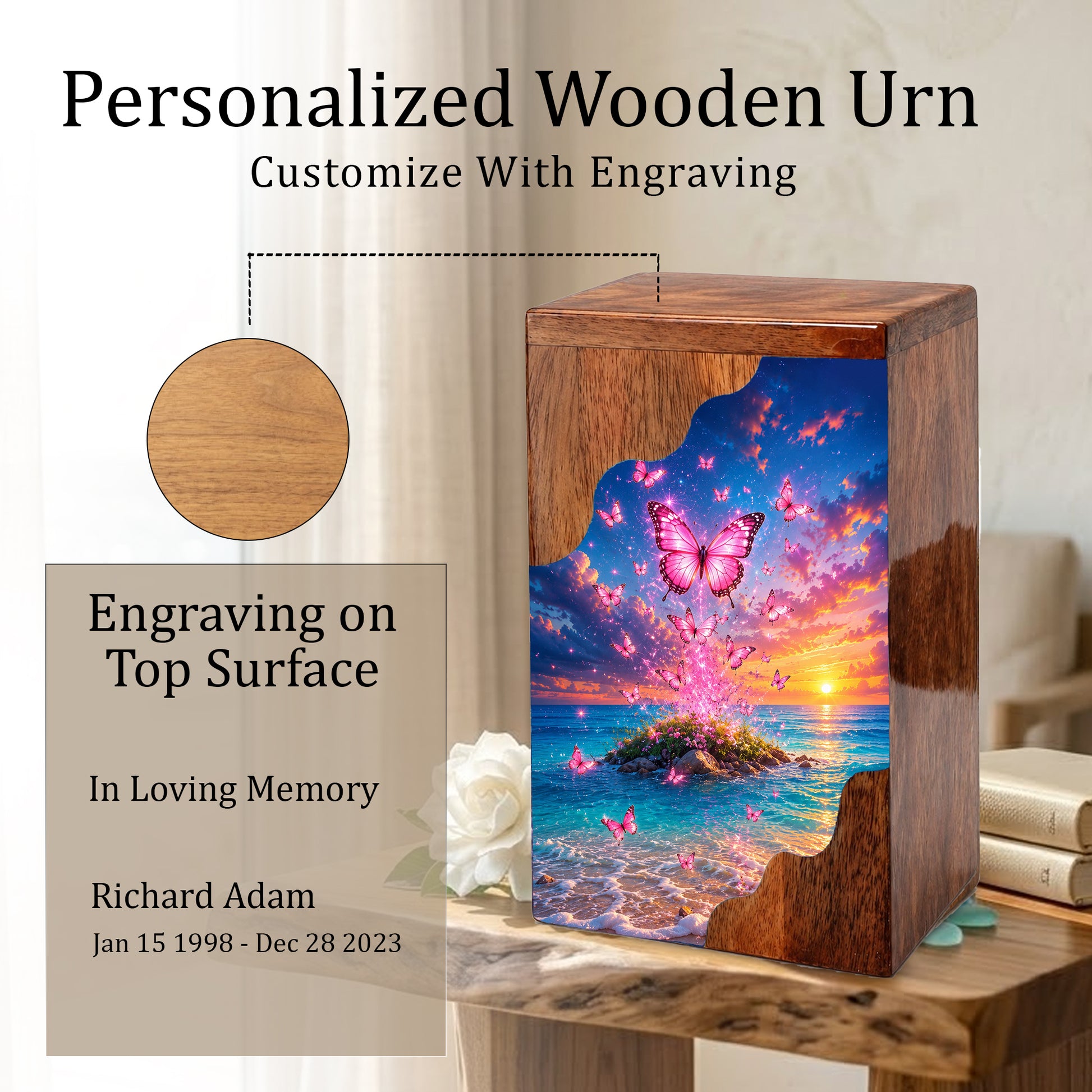 Pink Butterfly Ocean Wooden Cremation Urn – Sunset Memorial Urn for Mom