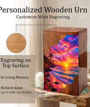 Sunset Beach Wooden Cremation Urn – Ocean Sunset Memorial Urn for Human Ashes
