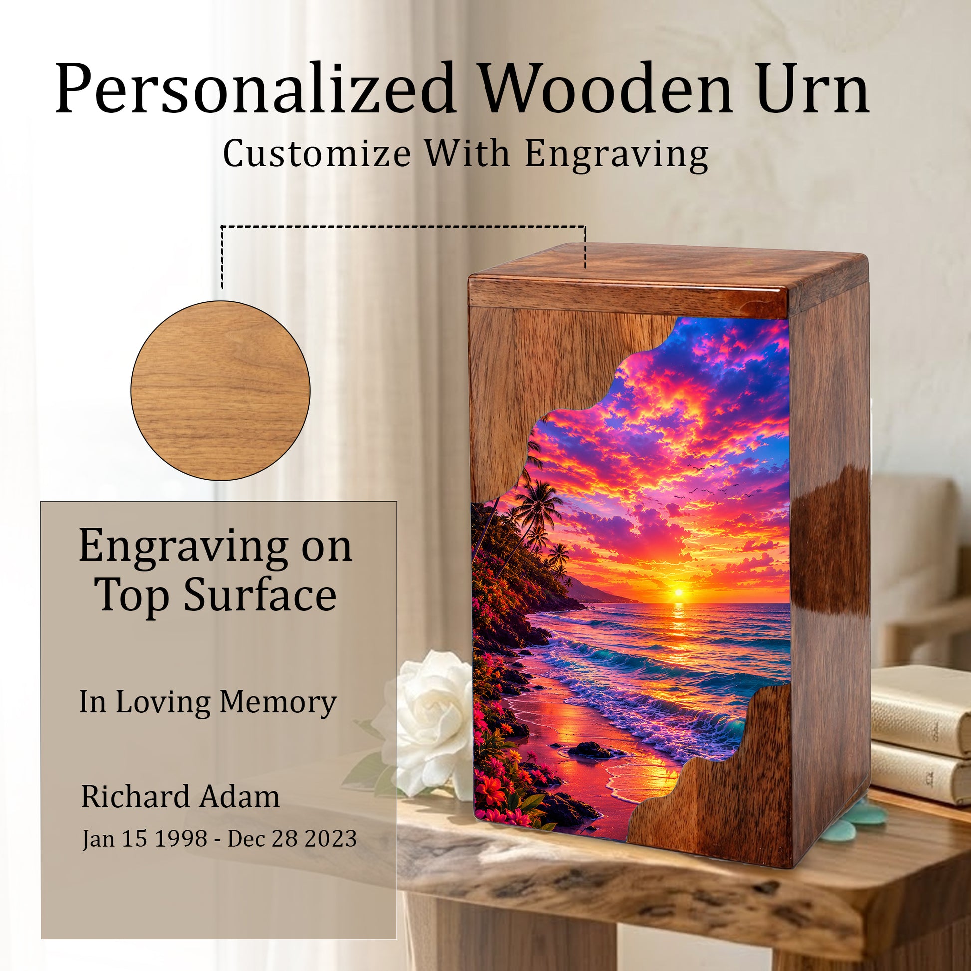 Sunset Beach Wooden Cremation Urn – Ocean Sunset Memorial Urn for Human Ashes