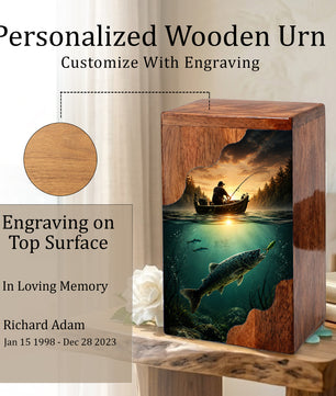 Personalized Wooden Cremation Urn – Fishing Memorial Urn | Gone Fishing Wooden Urn for Dad