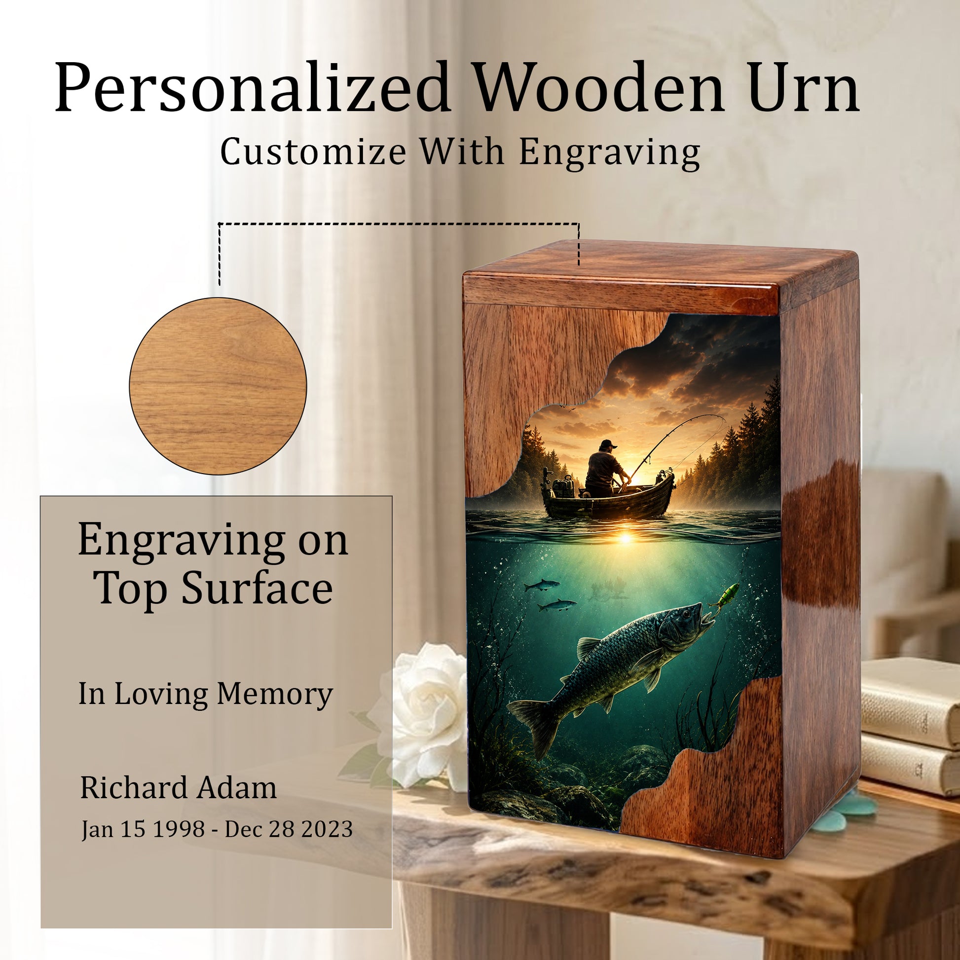Personalized Wooden Cremation Urn – Fishing Memorial Urn | Gone Fishing Wooden Urn for Dad