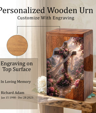 Floral Cross Wooden Cremation Urn – Christian Memorial Urn | Wooden Urn for Human Ashes