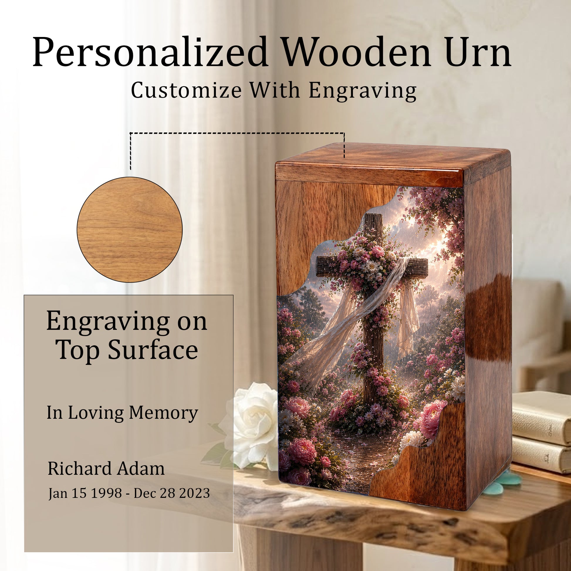 Floral Cross Wooden Cremation Urn – Christian Memorial Urn | Wooden Urn for Human Ashes