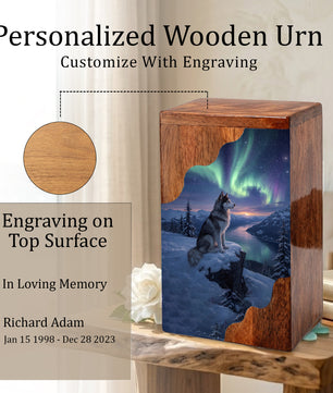 Wolf Wooden Cremation Urn – Northern Lights Memorial Urn | Custom Wooden Urn for Human Ashes