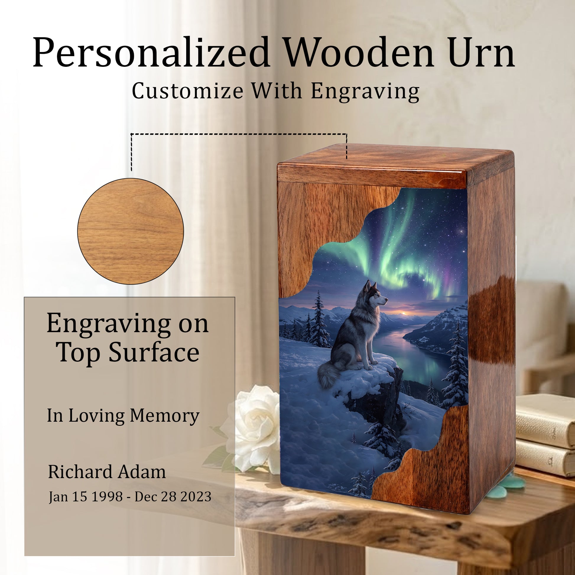 Wolf Wooden Cremation Urn – Northern Lights Memorial Urn | Custom Wooden Urn for Human Ashes