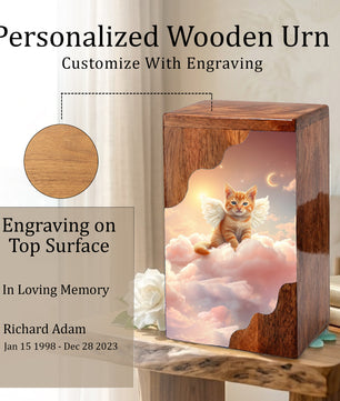 Cat Wooden Cremation Urn – Angel Cat Memorial Urn | Custom Pet Urn for Cat Ashes