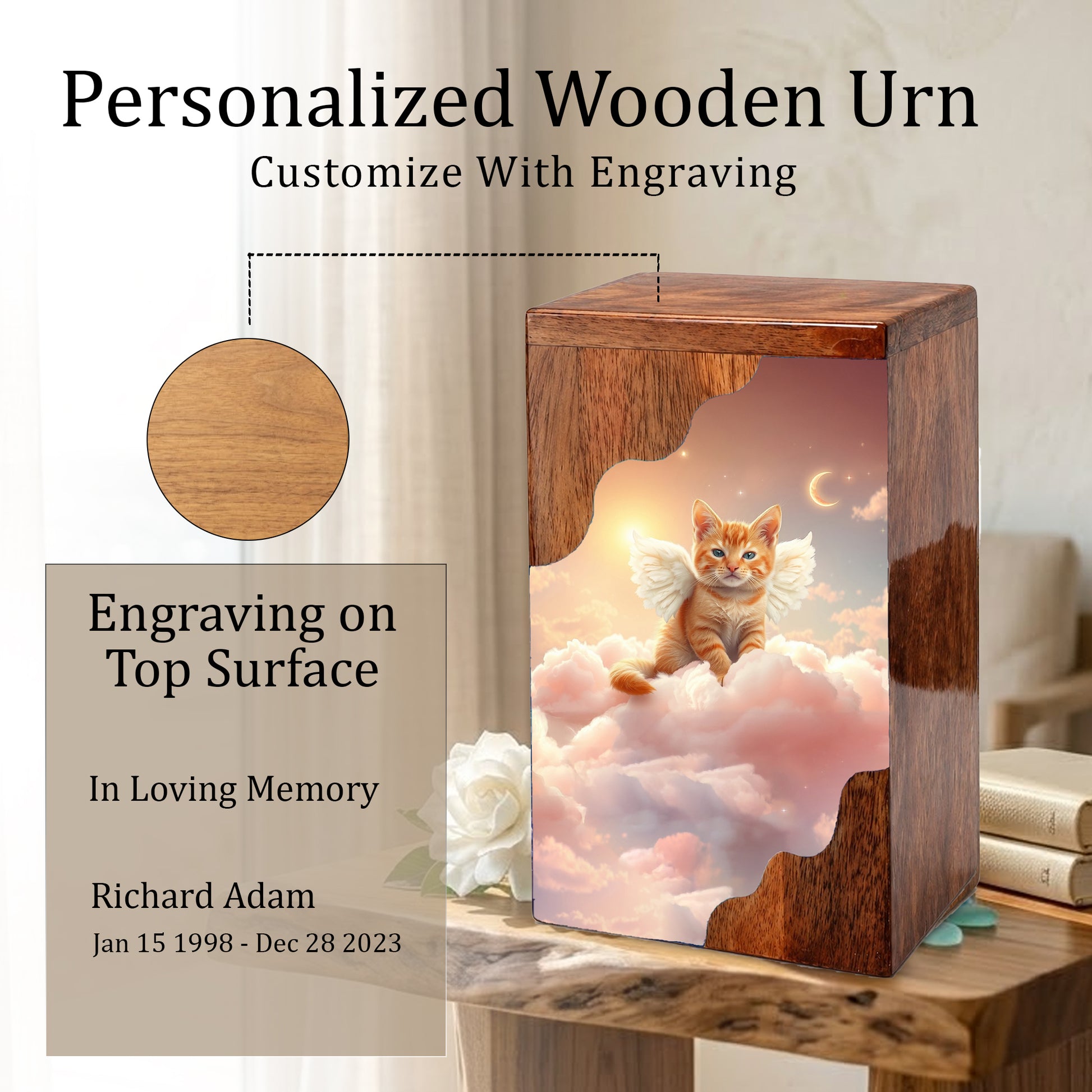 Cat Wooden Cremation Urn – Angel Cat Memorial Urn | Custom Pet Urn for Cat Ashes