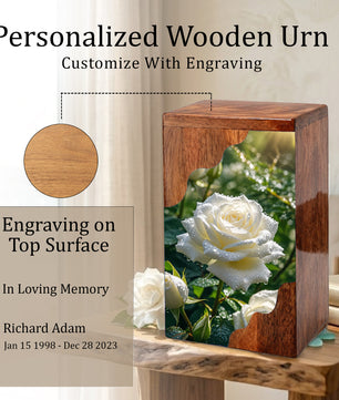 White Rose Wooden Cremation Urn – Wooden Urn for Human Ashes