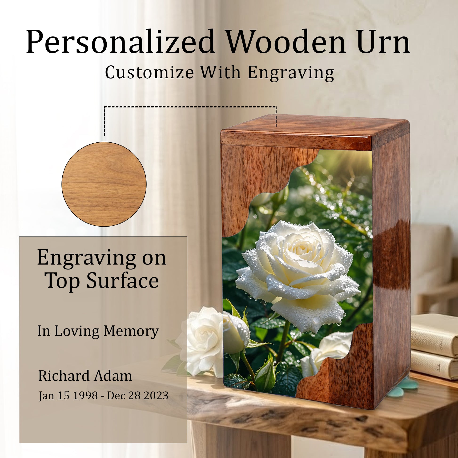 White Rose Wooden Cremation Urn – Wooden Urn for Human Ashes