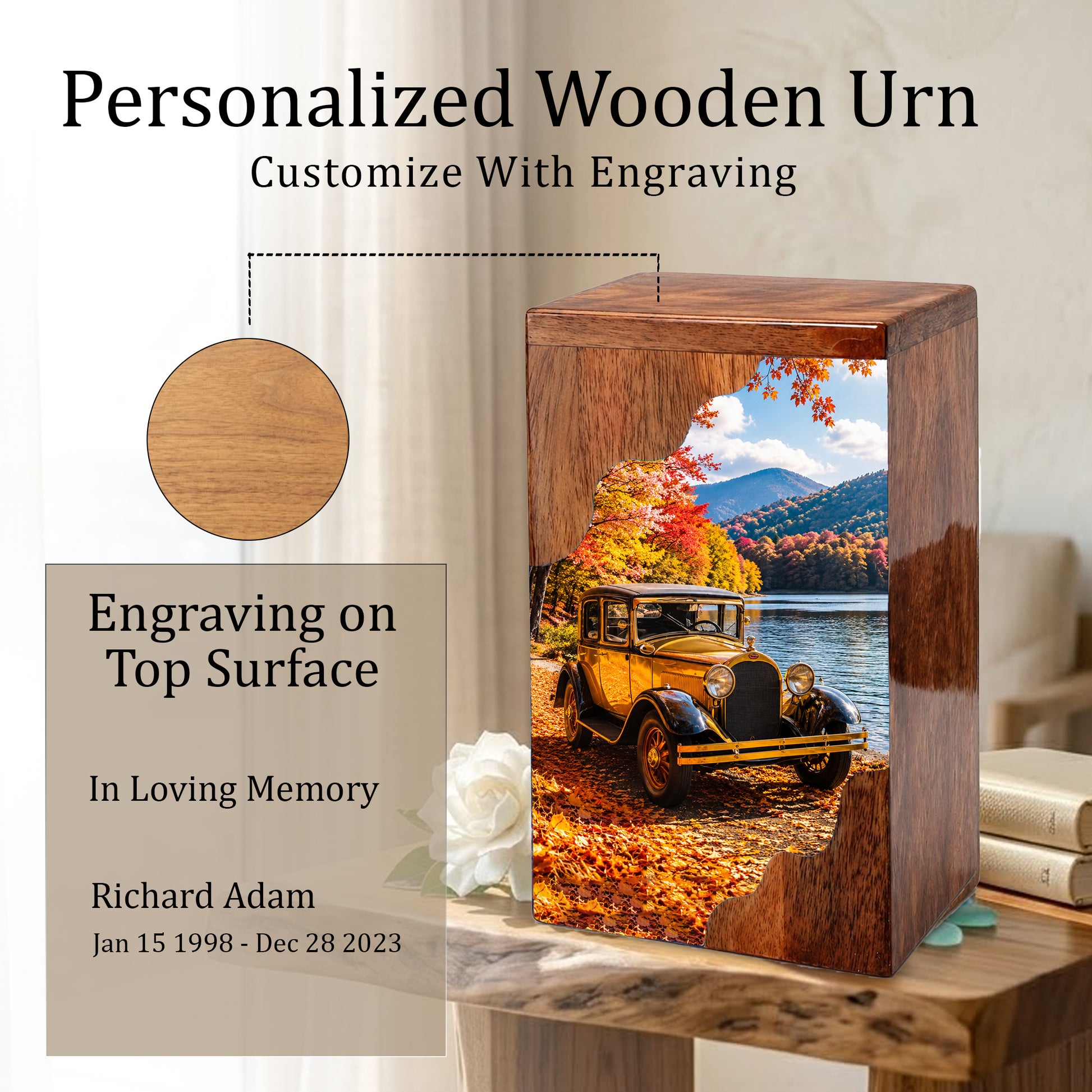 Classic Car Wooden Cremation Urn for Dad, Personalized Wooden Urn for Human Ashes