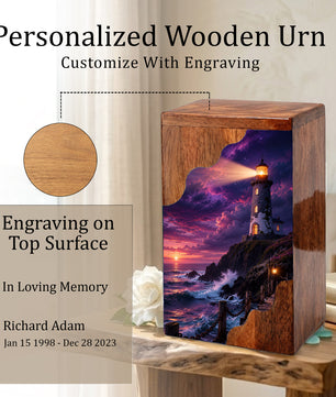 Lighthouse Wooden Cremation Urn for Human Ashes | Personalized Coastal Memorial Urn