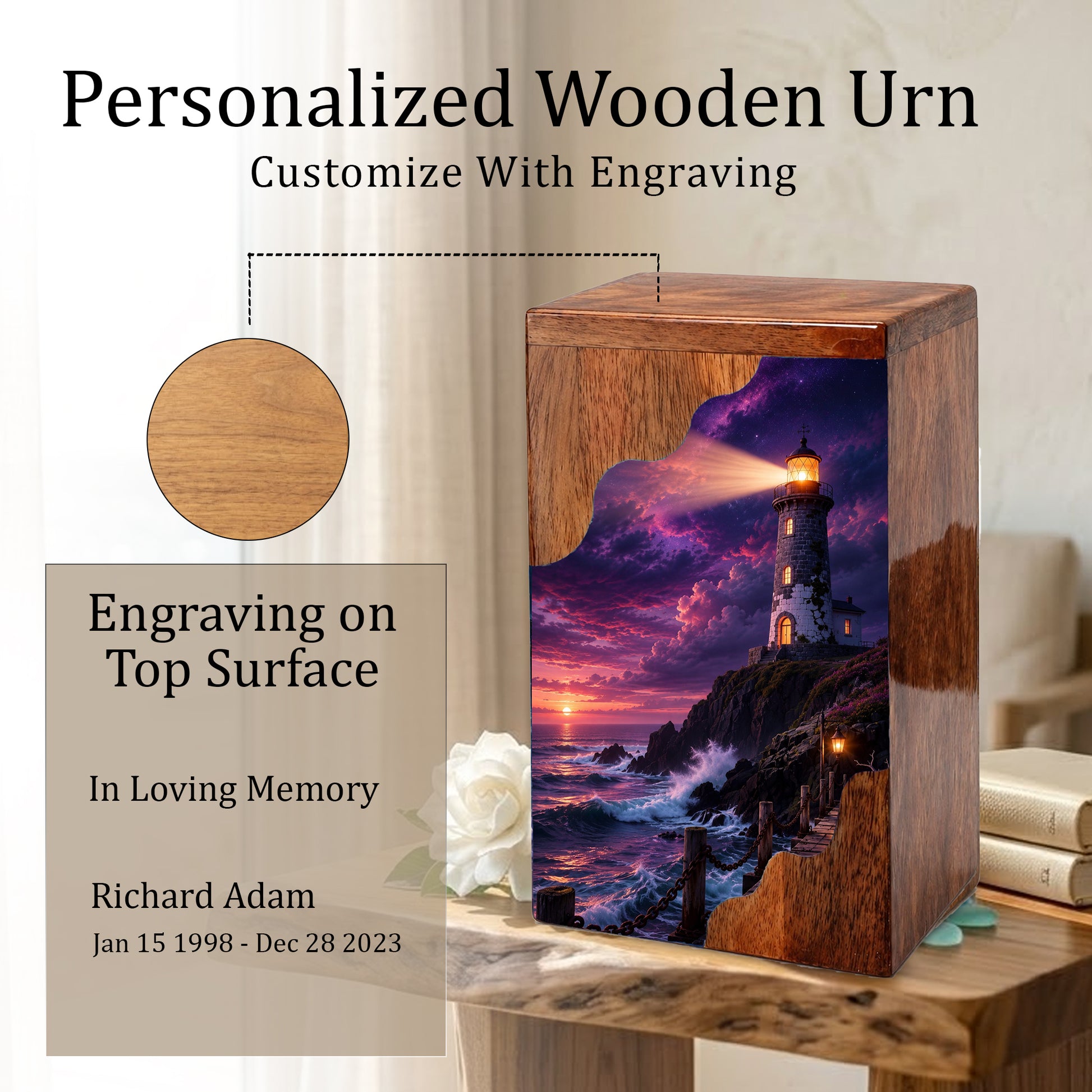 Lighthouse Wooden Cremation Urn for Human Ashes | Personalized Coastal Memorial Urn
