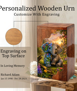 Wooden Cremation Urn for Human Ashes, Elephant Memorial Urn