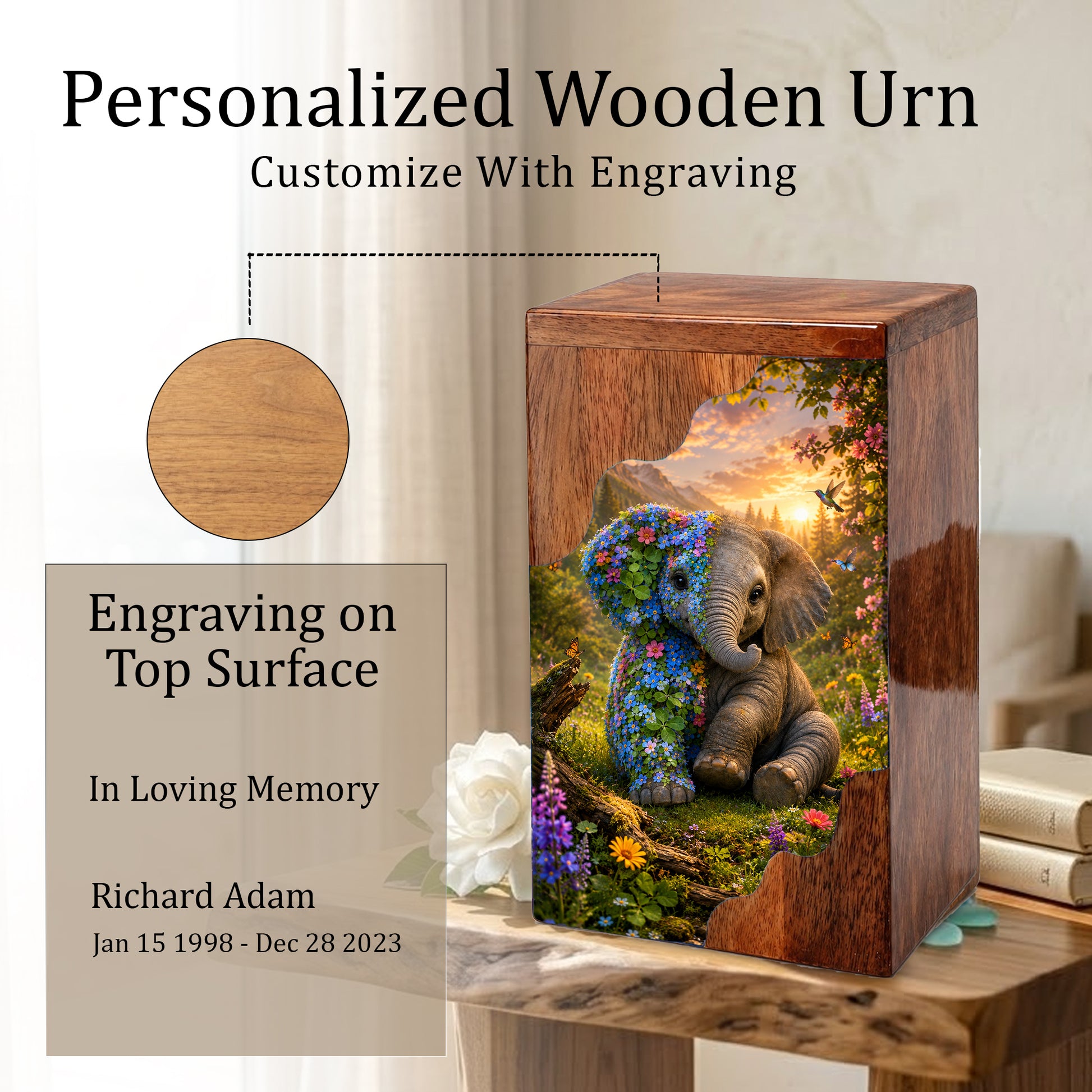 Wooden Cremation Urn for Human Ashes, Elephant Memorial Urn