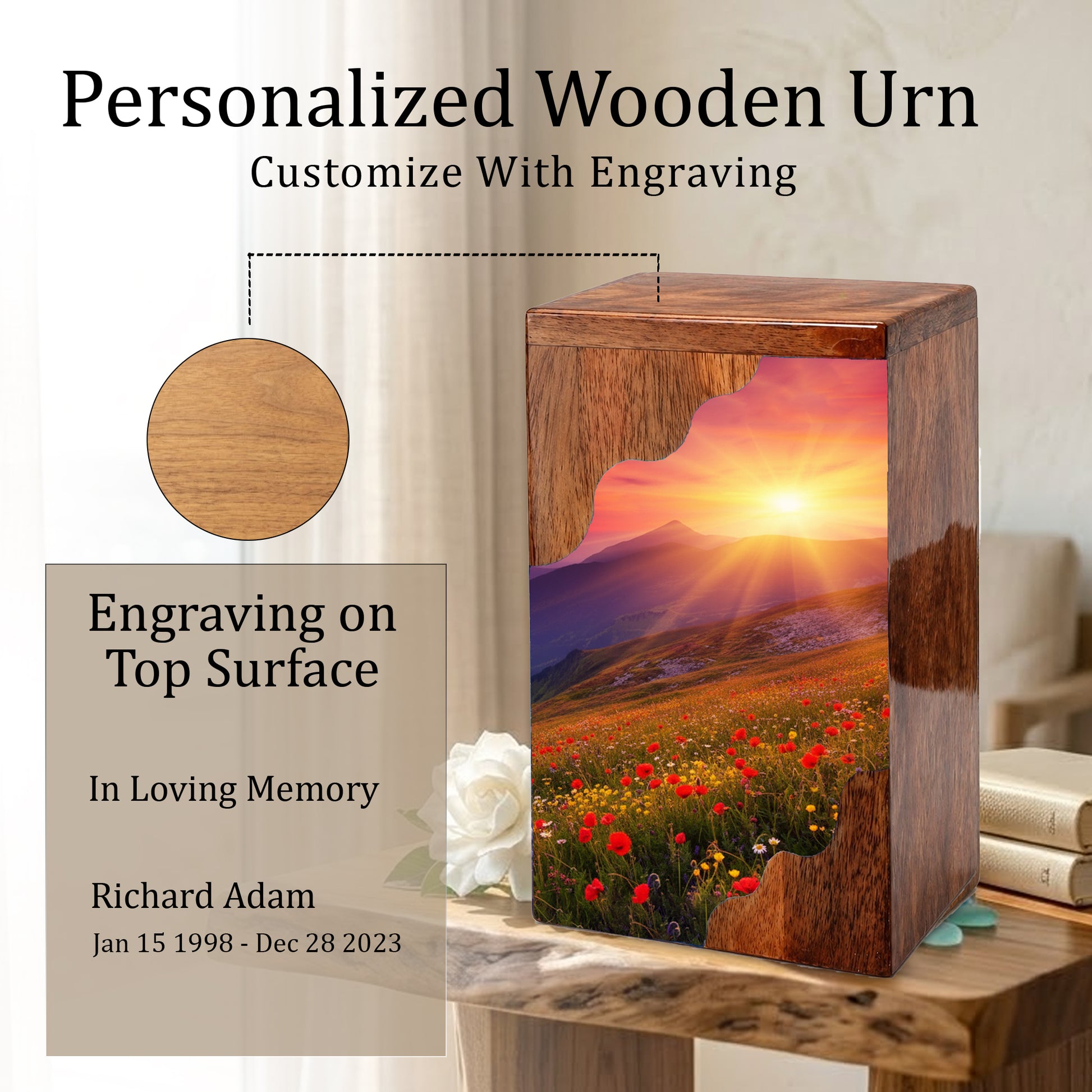 Sunrise Cremation Urn – Custom Wooden Memorial Urn Box for Ashes