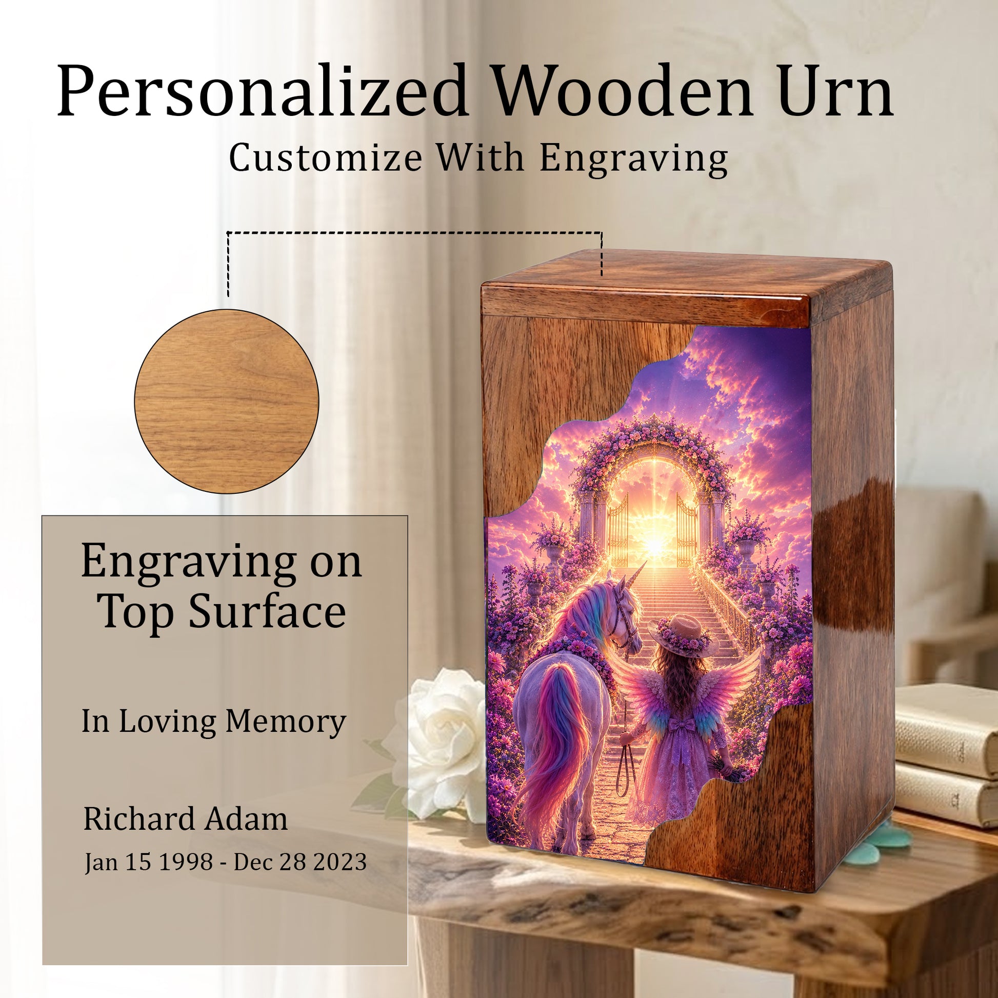 Angel Heaven Gate Wooden Cremation Urn – Heavenly Garden Memorial Wooden Urn for Human Ashes