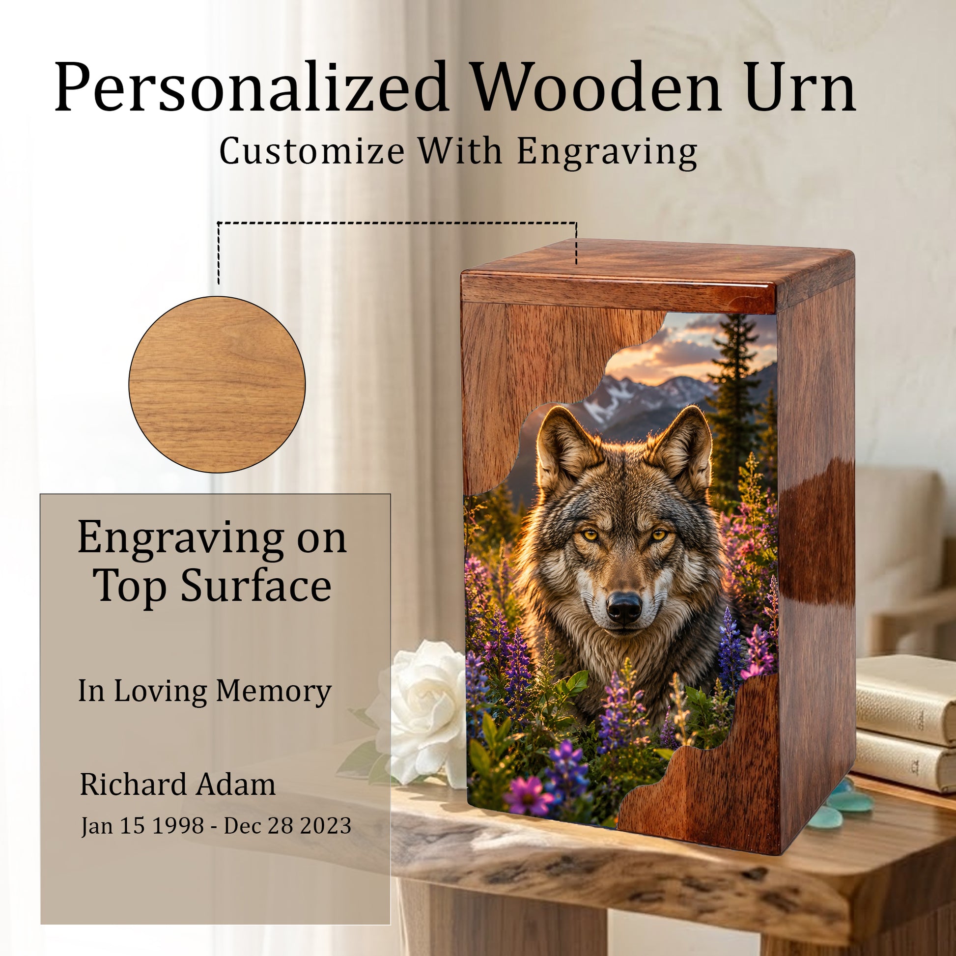 Wolf Wooden Cremation Urn – Wooden Urn for Human Ashes