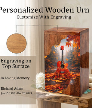 Guitar Wooden Cremation Urn – Autumn Guitar Memorial Urn | Custom Wooden Urn for Human Ashes