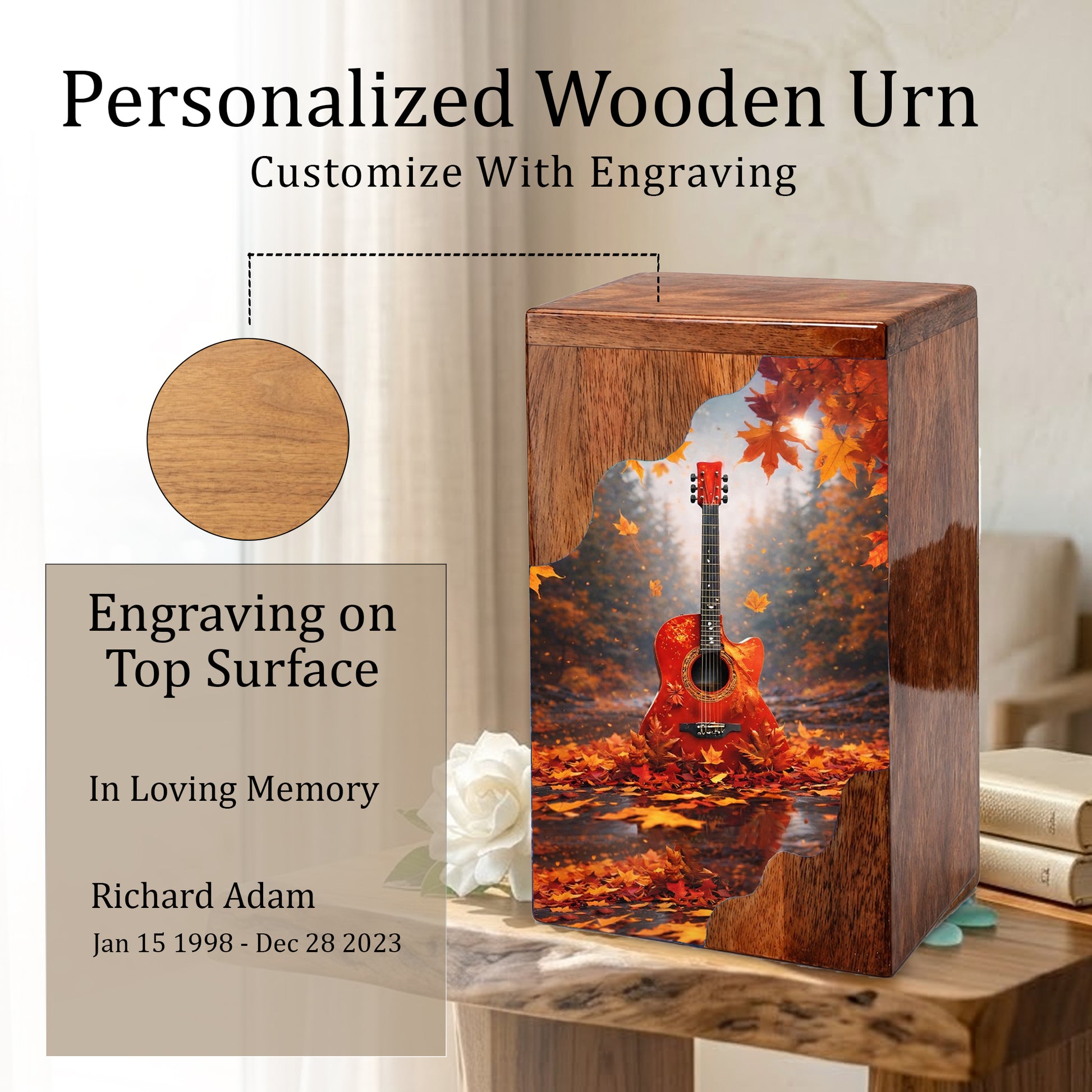 Guitar Wooden Cremation Urn – Autumn Guitar Memorial Urn | Custom Wooden Urn for Human Ashes