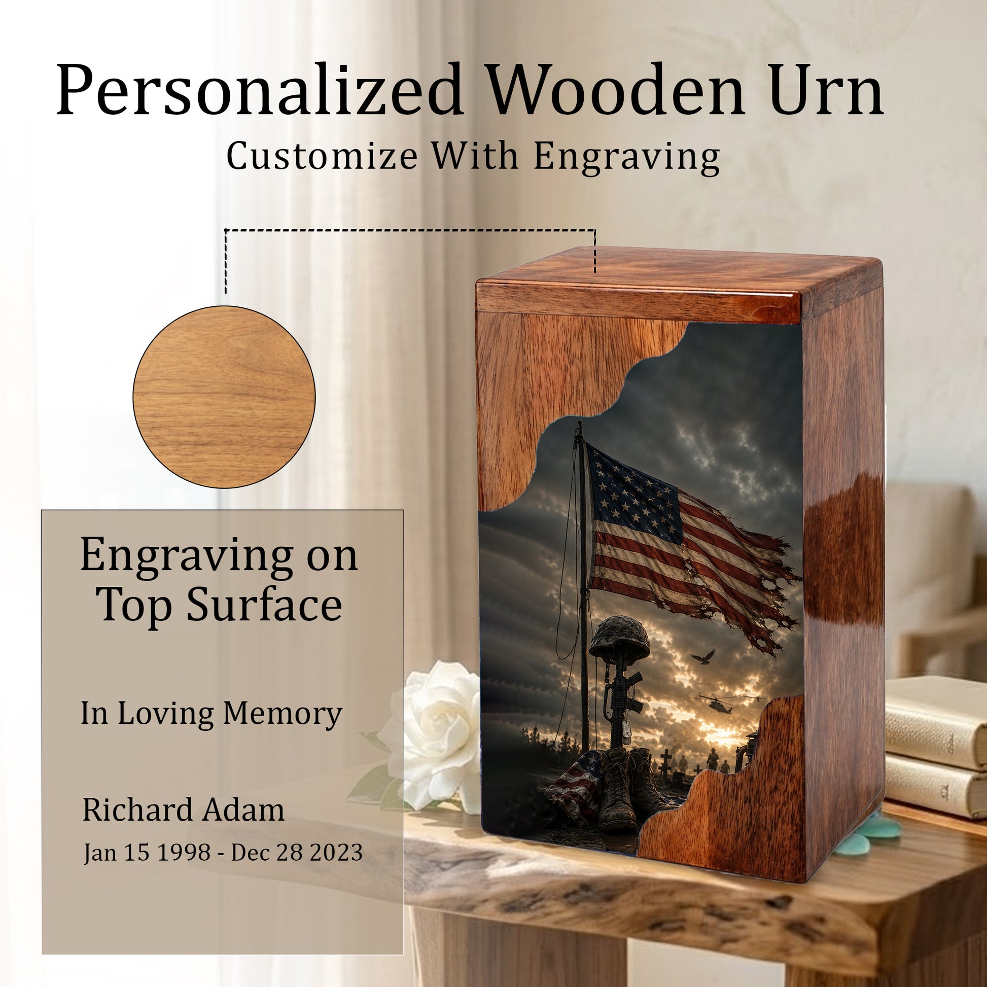 Military Wooden Cremation Urn for Human Ashes