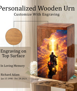 Motorcycle Heaven Wooden Cremation Urn – Christian Memorial Urn for Human Ashes