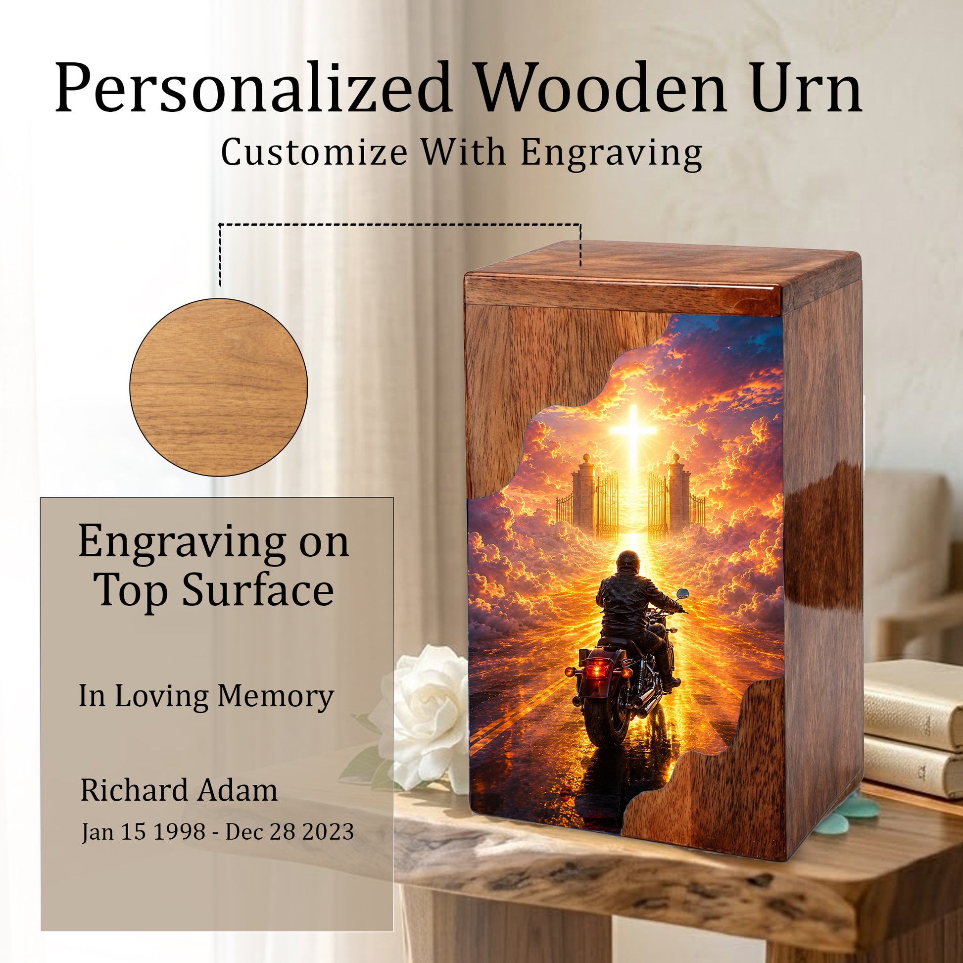 Motorcycle Heaven Wooden Cremation Urn – Christian Memorial Urn for Human Ashes
