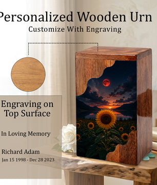 Sunflower Wooden Cremation Urn for Mom | Personalized Wooden Urn for Human Ashes | Red Moon Memorial Urn