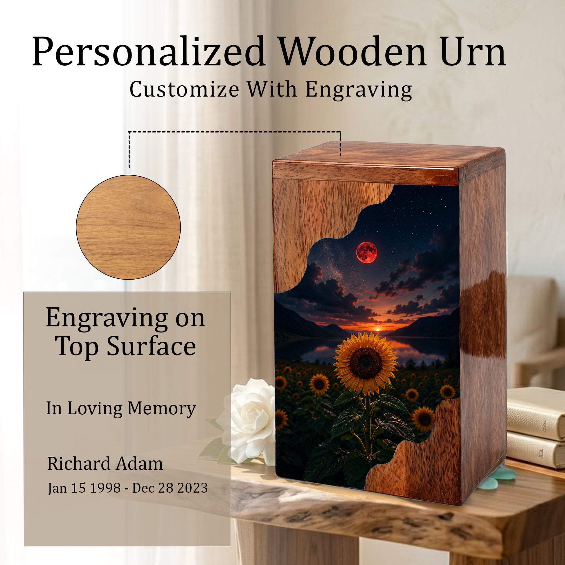 Sunflower Wooden Cremation Urn for Mom | Personalized Wooden Urn for Human Ashes | Red Moon Memorial Urn