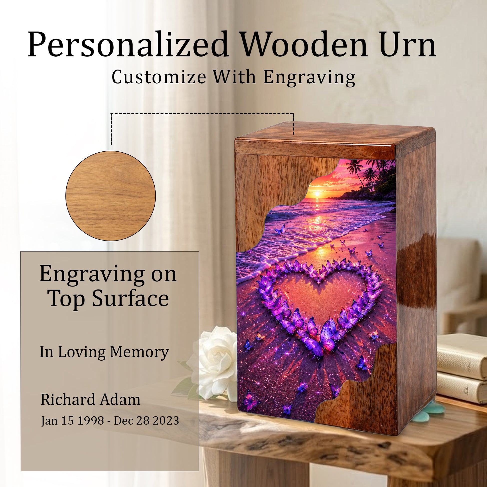Butterfly Heart Beach Wooden Cremation Urn – Personalized Memorial Urn for Human Ashes