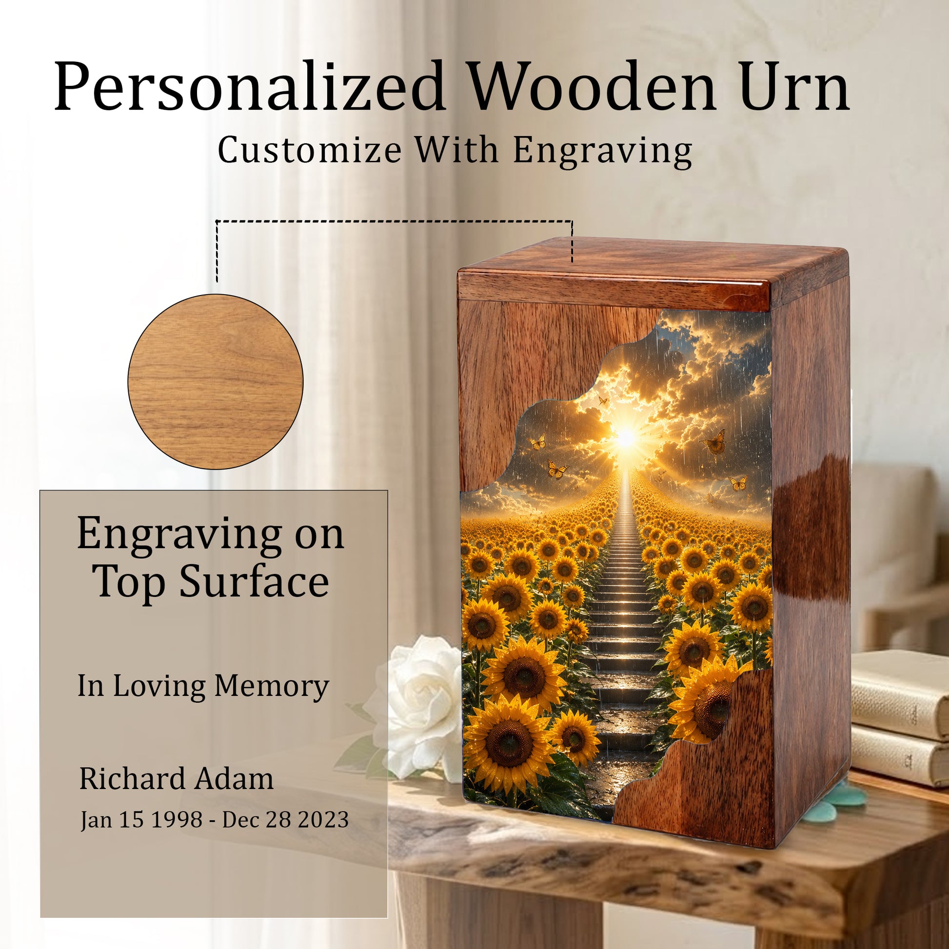 Sunflower Wooden Cremation Urn for Mom | Personalized Urn for Human Ashes