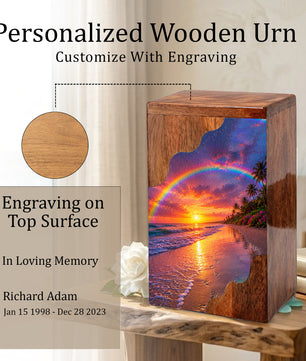 Beach Wooden Cremation Urn for Human Ashes | Rainbow Ocean Sunset Memorial Urn